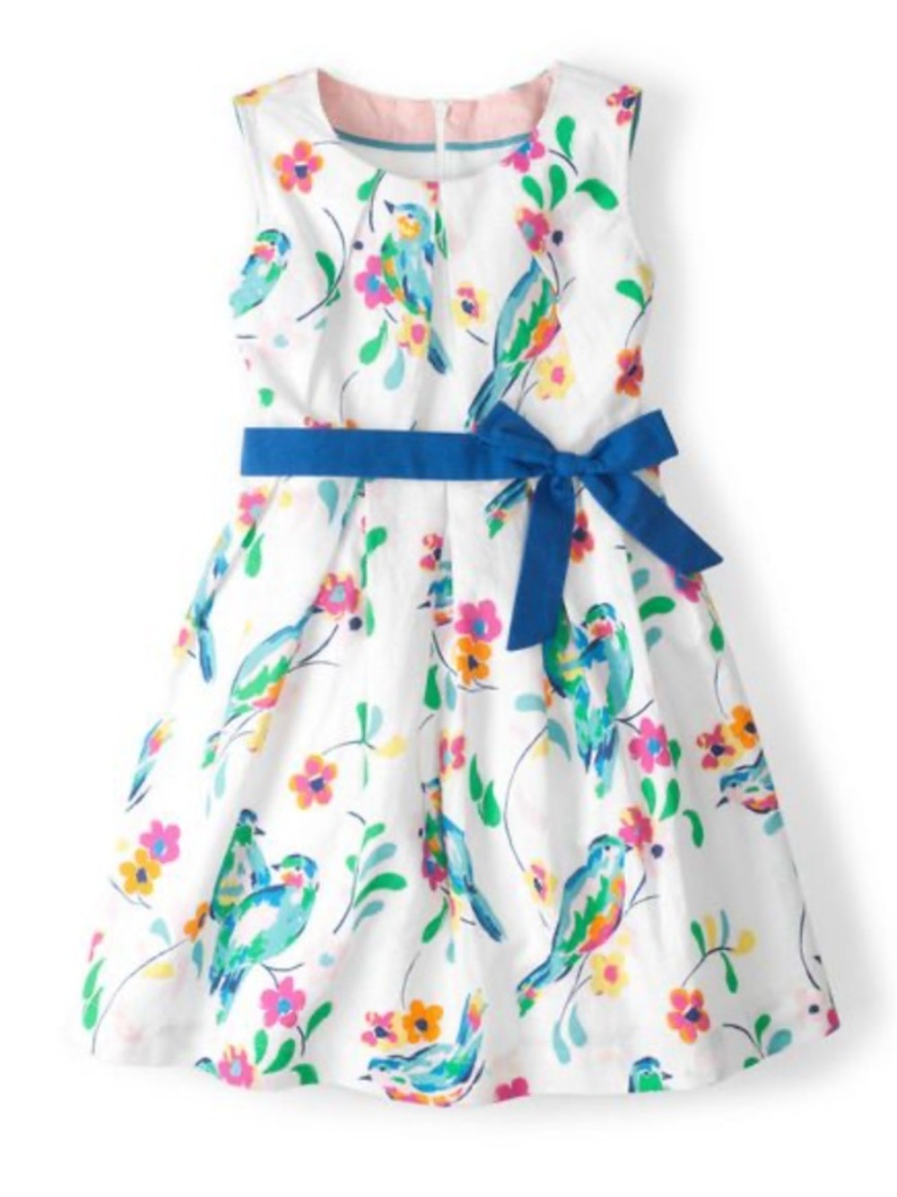 Girl's Mini Boden Daisy Floral Sleeveless Linen Fit & Flare Dress White 7/8
